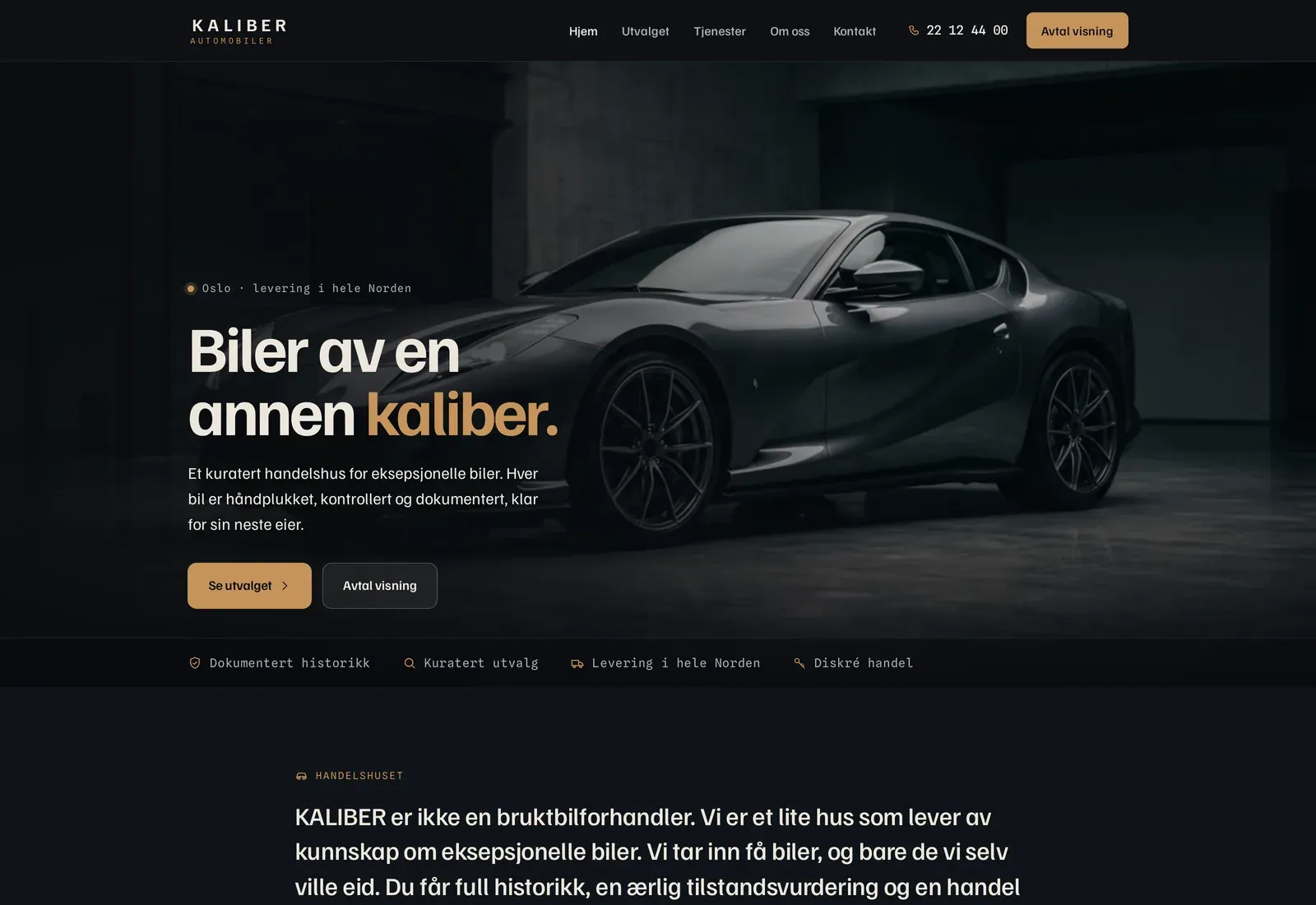 Skjermbilde av nettsiden til KALIBER Automobiler, forhandler av high-end biler