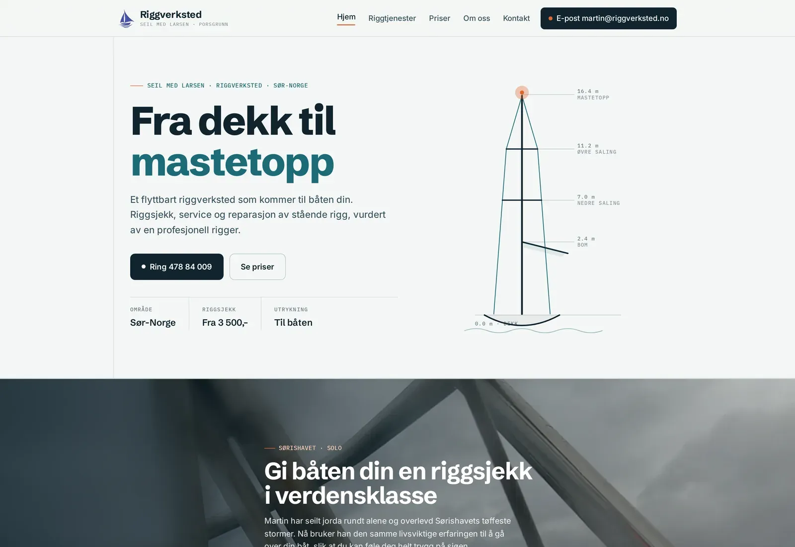 Skjermbilde av nettsiden til Riggverksted, maritim · rigg og båtservice