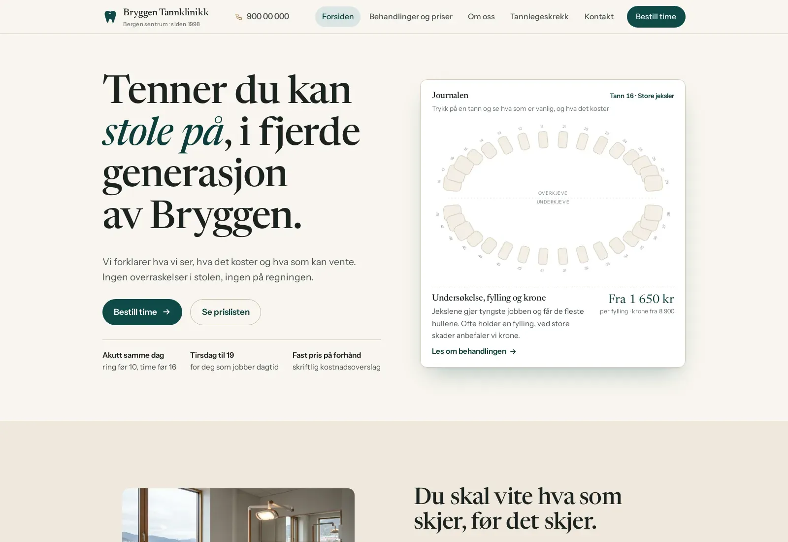 Skjermbilde av nettsiden til Bryggen Tannklinikk, tannlege og tannhelse